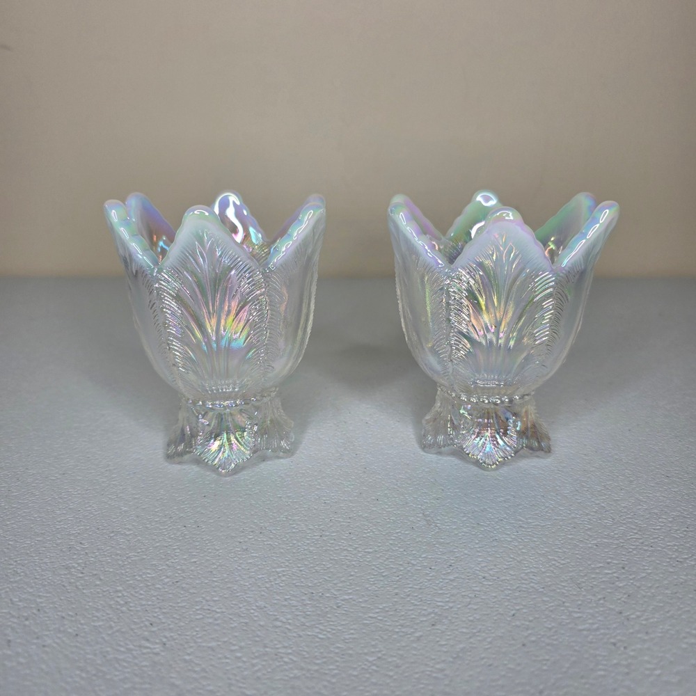 Fenton Votive Candle Holders Iridescent Feather Tulip Carnival Glass Set of 2
